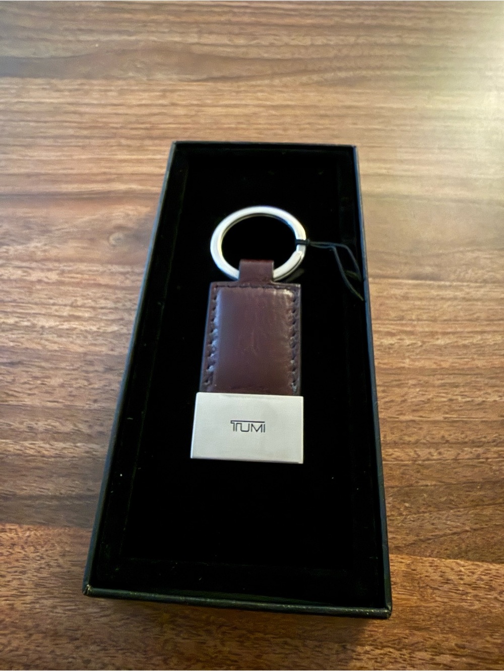 New Tumi Brown Leather Keyring with Silver Metal Plate